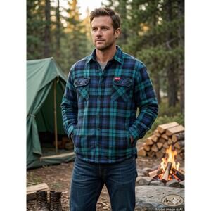 Coleman Quilted Lined Flannel Shirt Jacket Blue Black Plaid‎ Men's Large
